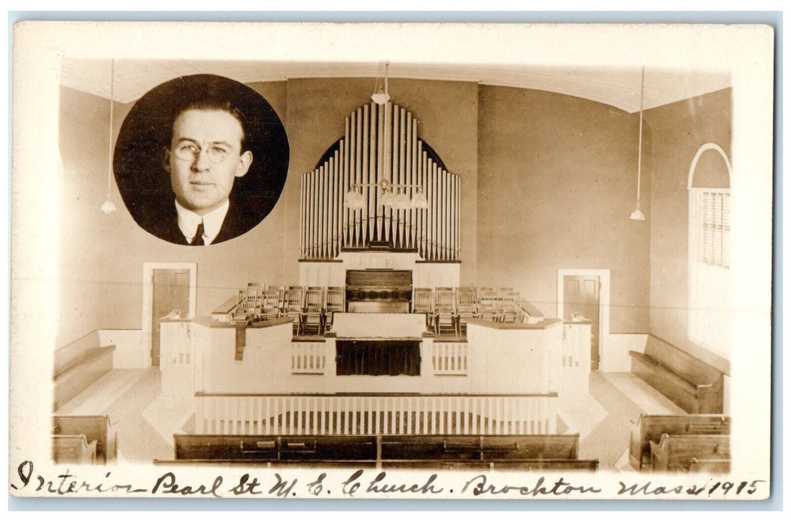 1915 Interior Pearl St. ME Church Brockton Massachusetts MA RPPC Photo Postcard