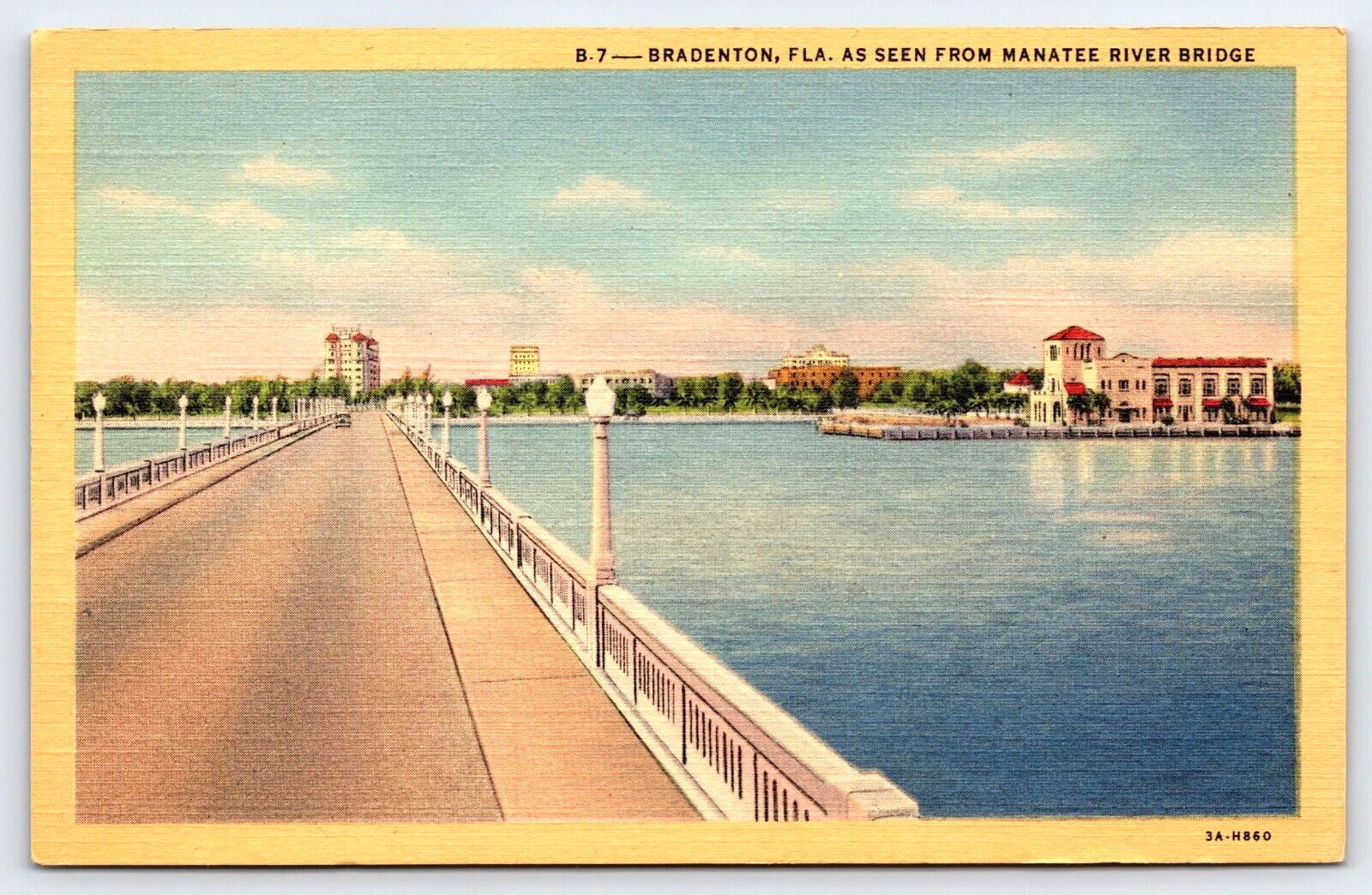 Bradenton FL-Florida, Manatee River Bridge, Antique Vintage Linen Post Card