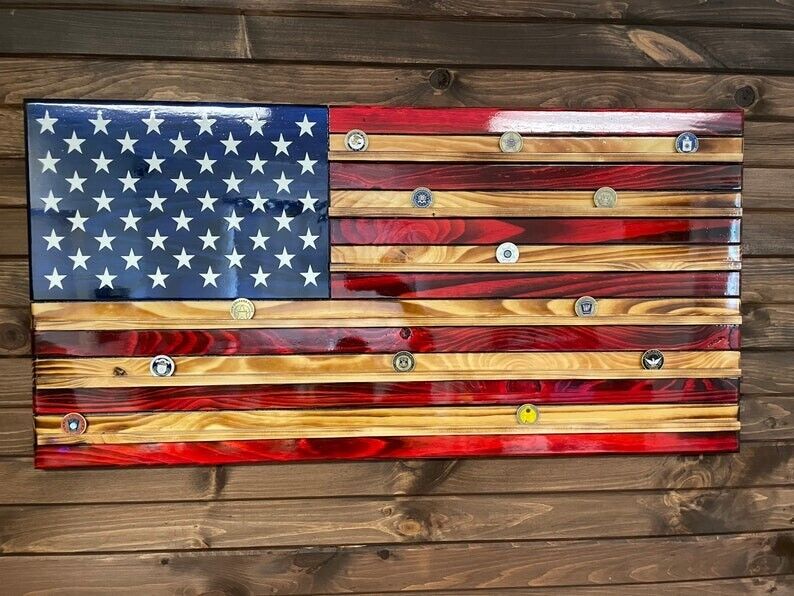 size 19 x 36 inch Challenge Coin Display Wooden American Flag, Home Display,