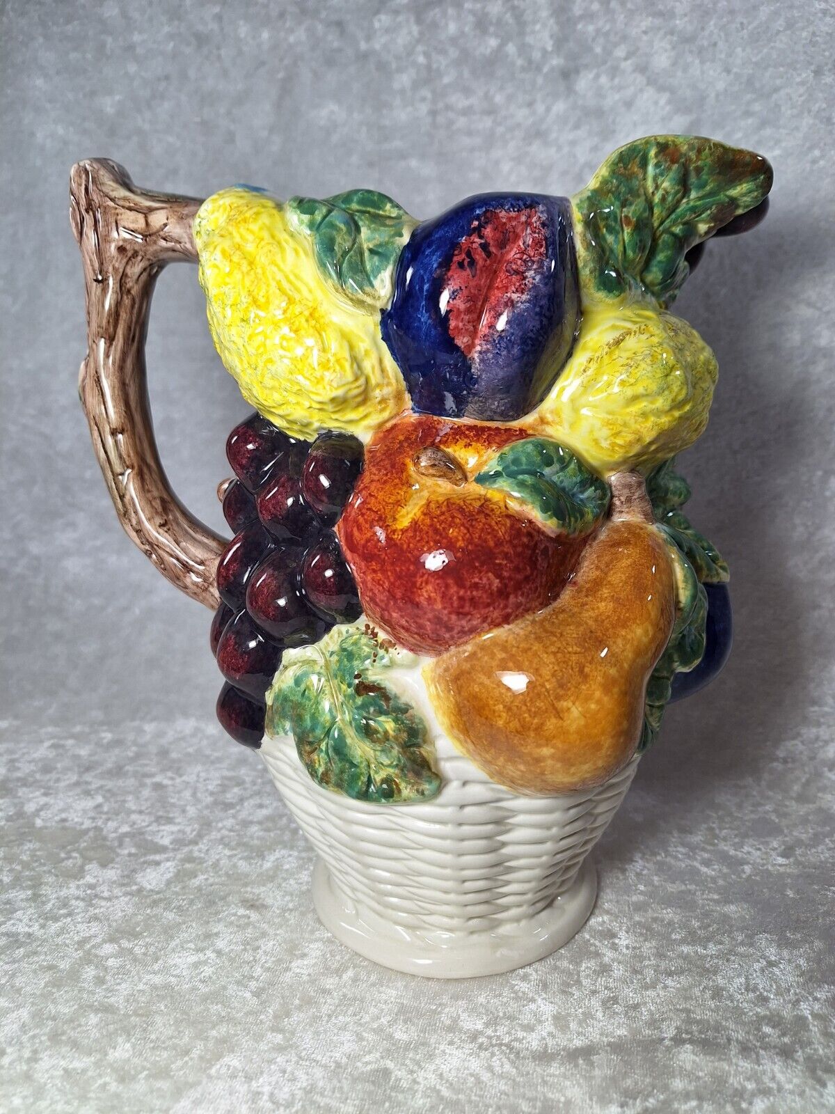 VTG Kaldun & Bogle Fruit Ceramic Pitcher Jug Vase Leaf Handle RARE Tiny Chip