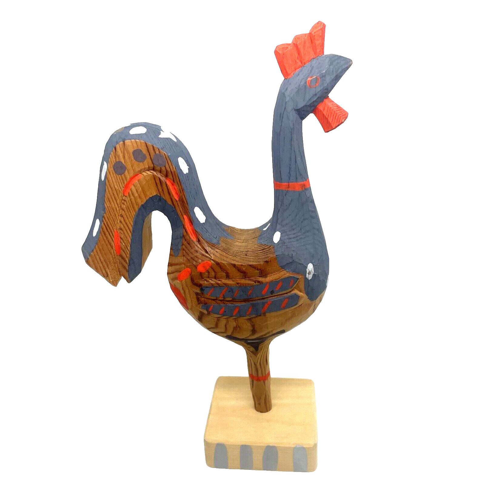 Native American Rooster Chicken Wooden Figurine Hand Carved Painted Folk Art