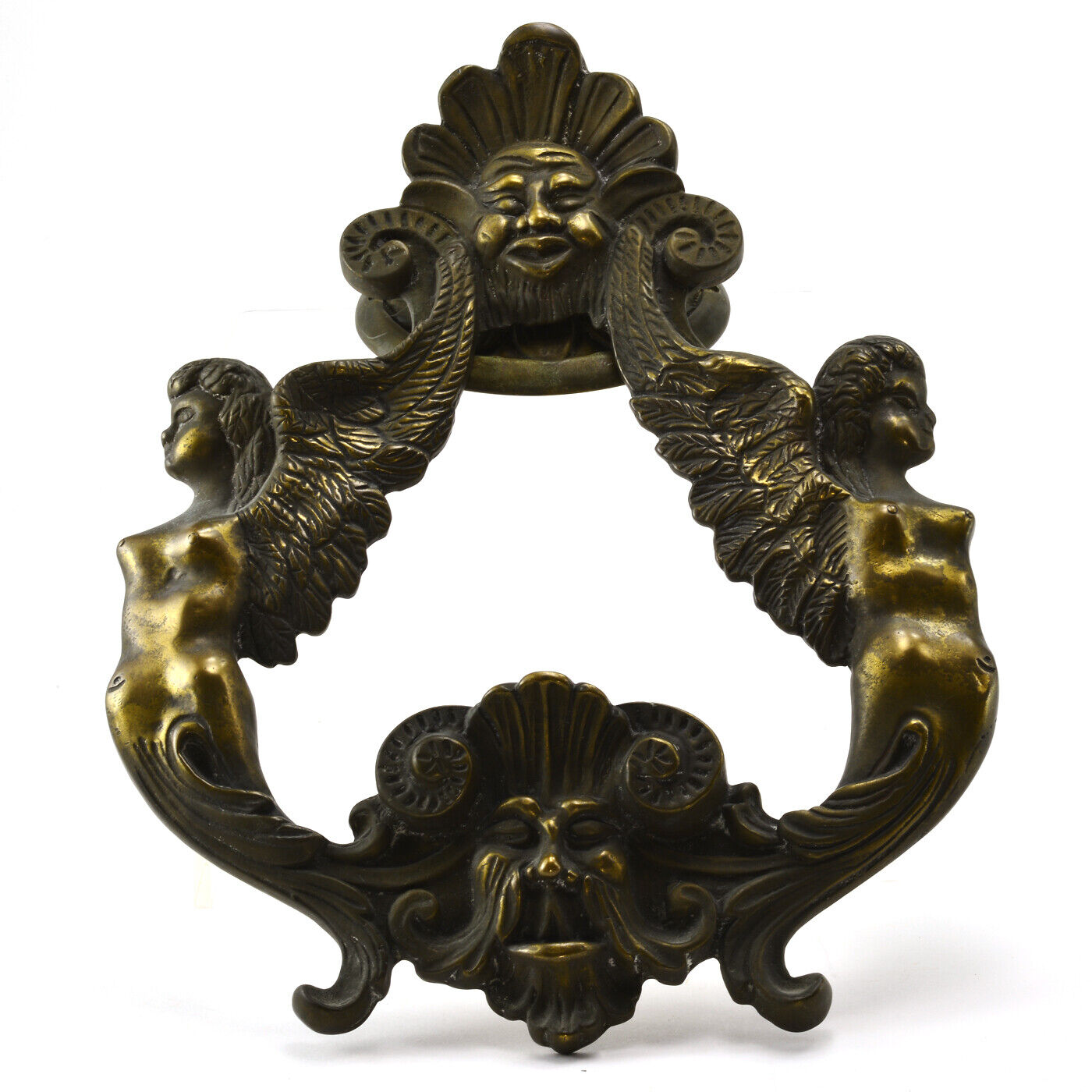 Antique massive brass door knocker with winged figures angles in an Asian motif