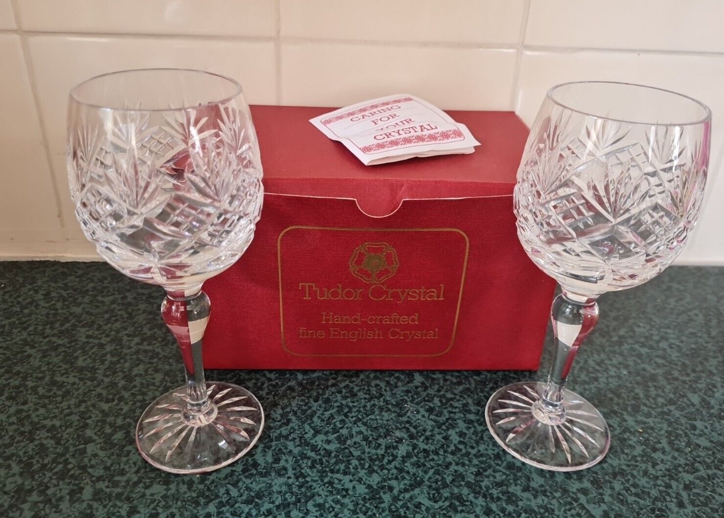 2 x TUDOR Crystal Claret Wine Glass / Glasses 16cms high each