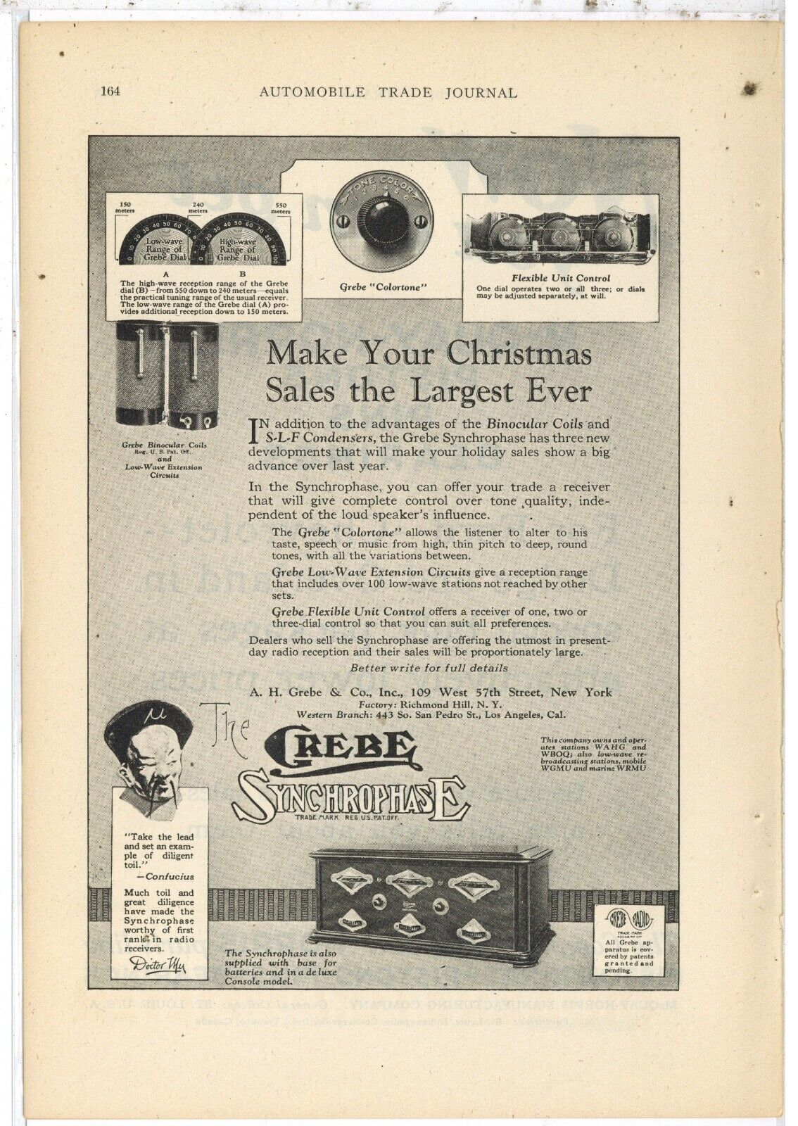 1926 A.H. Grebe & Co. Ad: Grebe Synchrophase Radios, Closeup of Features, Knobs