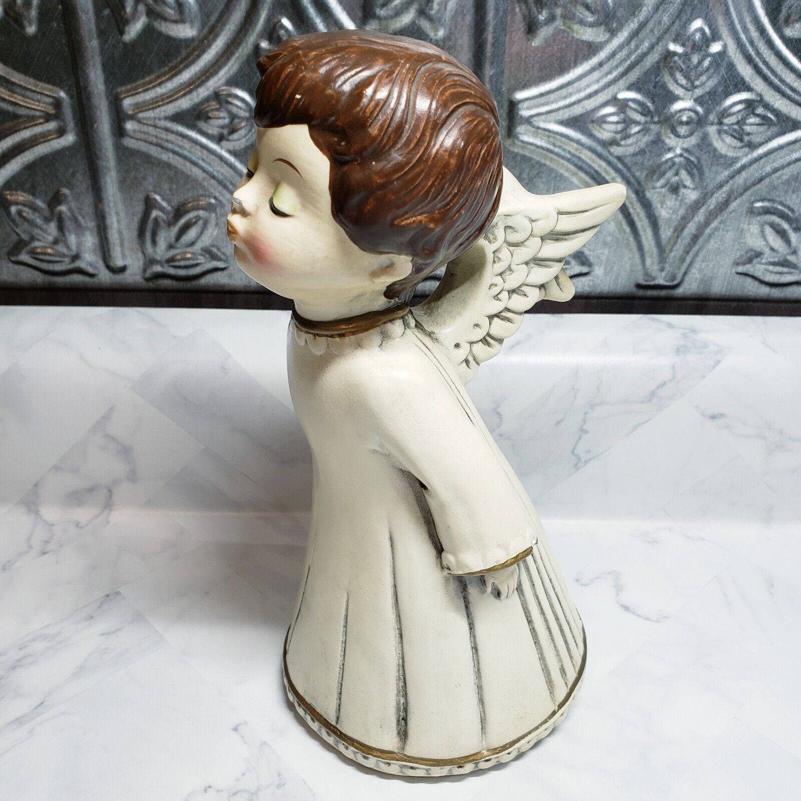 Vintage Japan Christmas Kissing Angel Wings Boy Figurine Chalkware Plaster