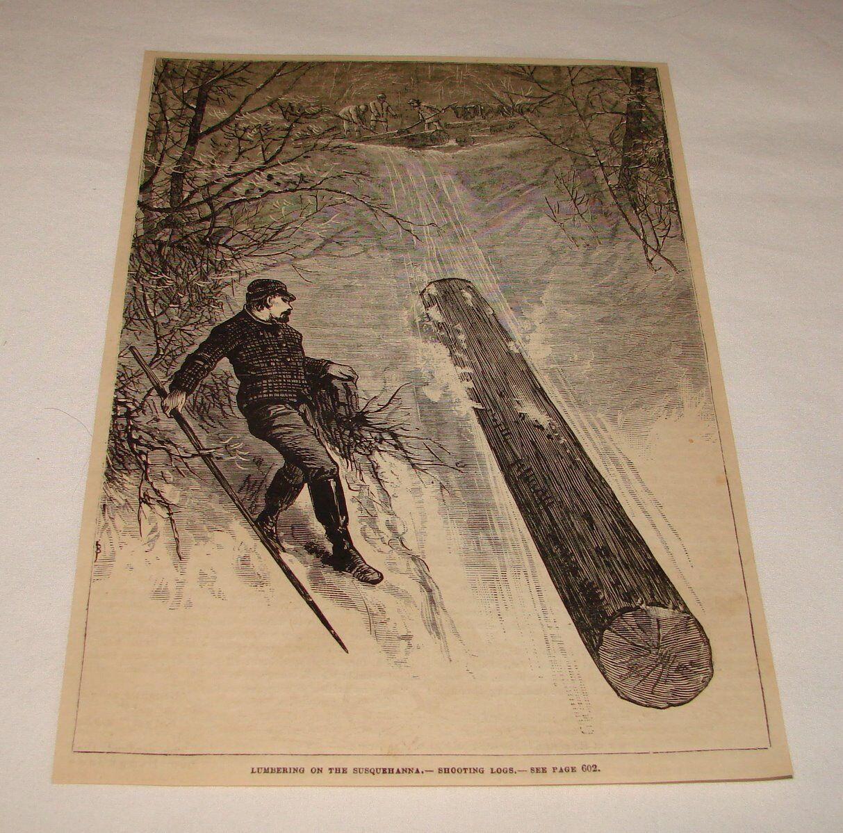 1880 magazine engraving ~ LOGGING, Shooting Logs on the Susquehanna, lumberjack