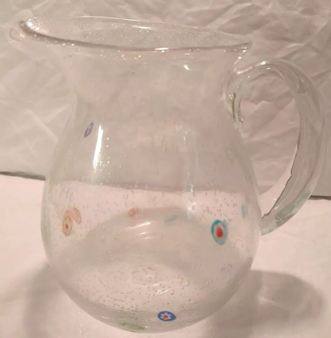 Hand Blown Clear Bubble Glass Millefiori Flower Drink Pitcher Applied Handle