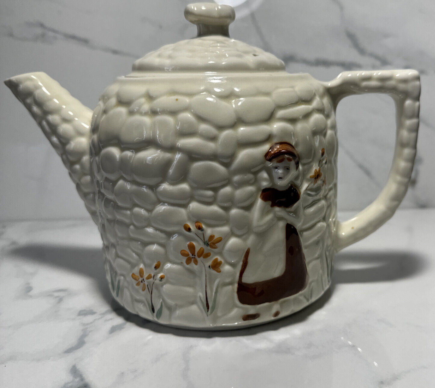 Vintage Porcelier Coffee Tea Pot Vitreous Cobblestone Pattern Dutch Girl EUC