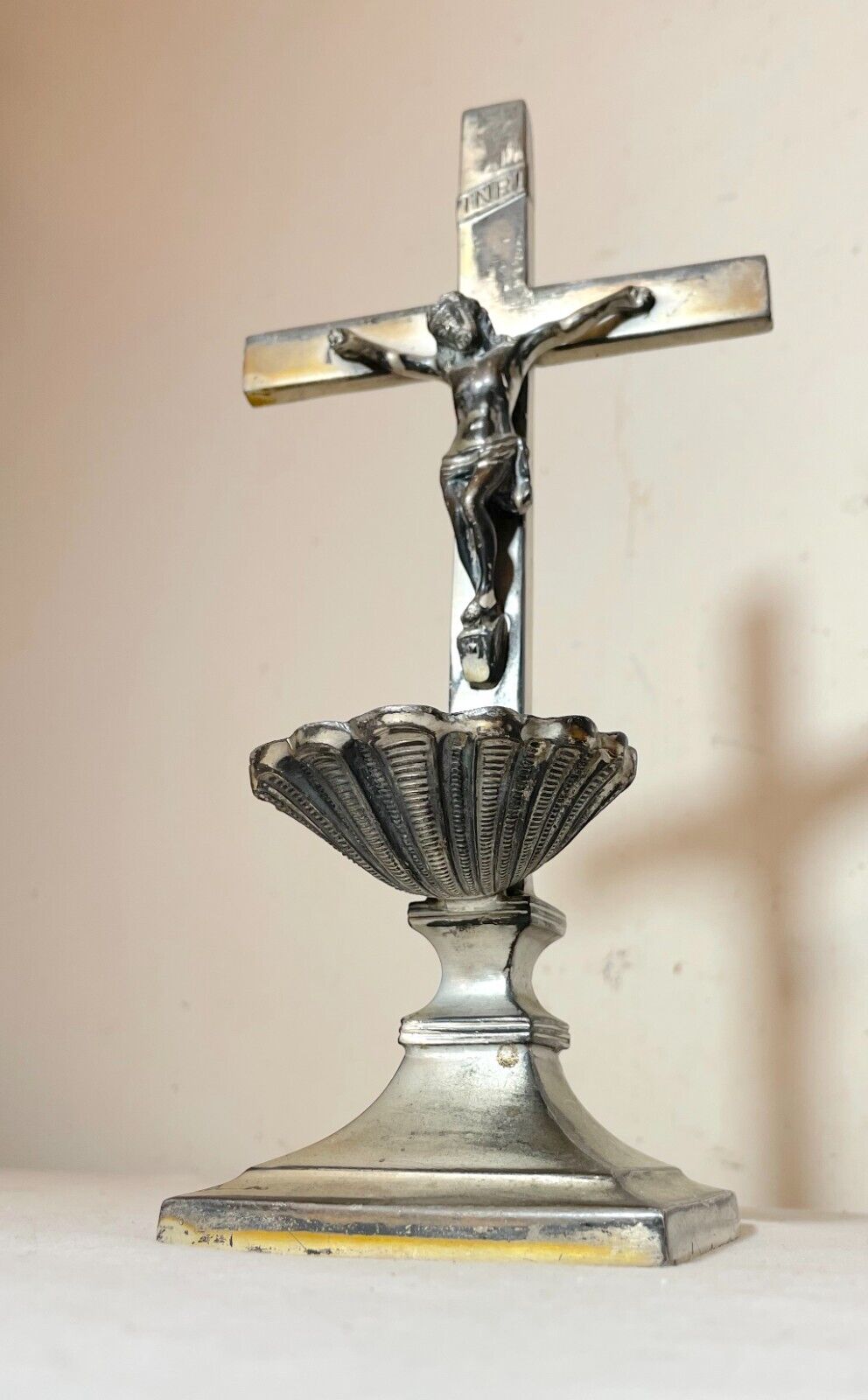 antique silverplate religious altar cross crucifix holy water Jesus Christ stand