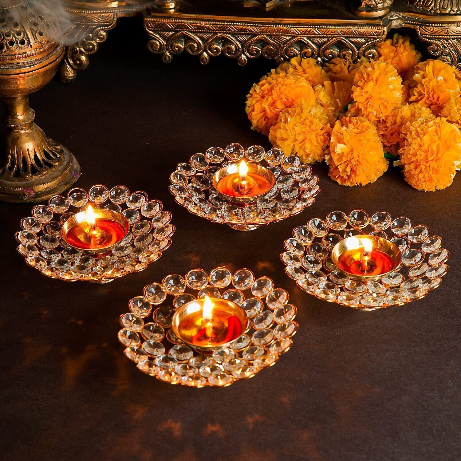 Indian Traditional Small Crystal Diya for Pooja Pack of 4