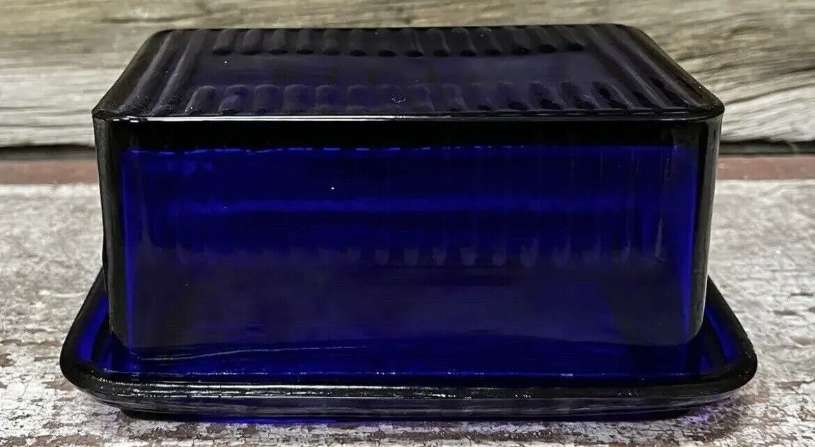 Cobalt Blue Glass Retro Thick Covered Butter Mold Dish