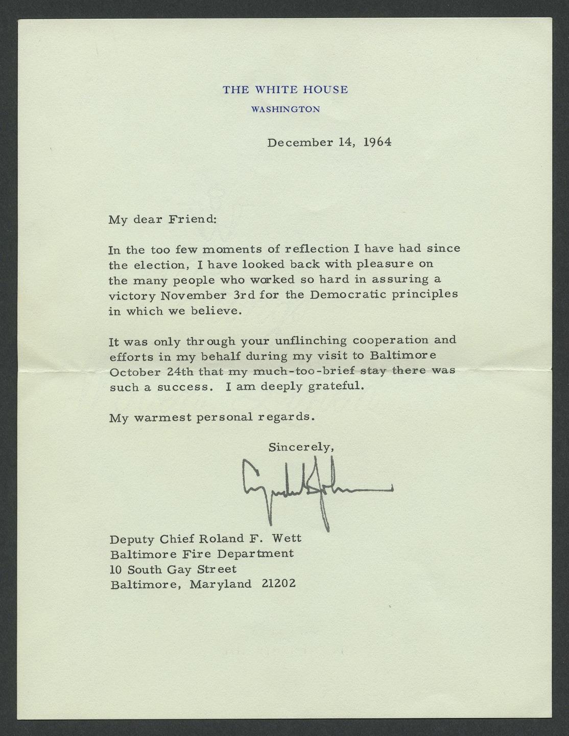 Dealer Dave President LBJ letter and Senator Daniel Brewster letter,1964 (OS694)