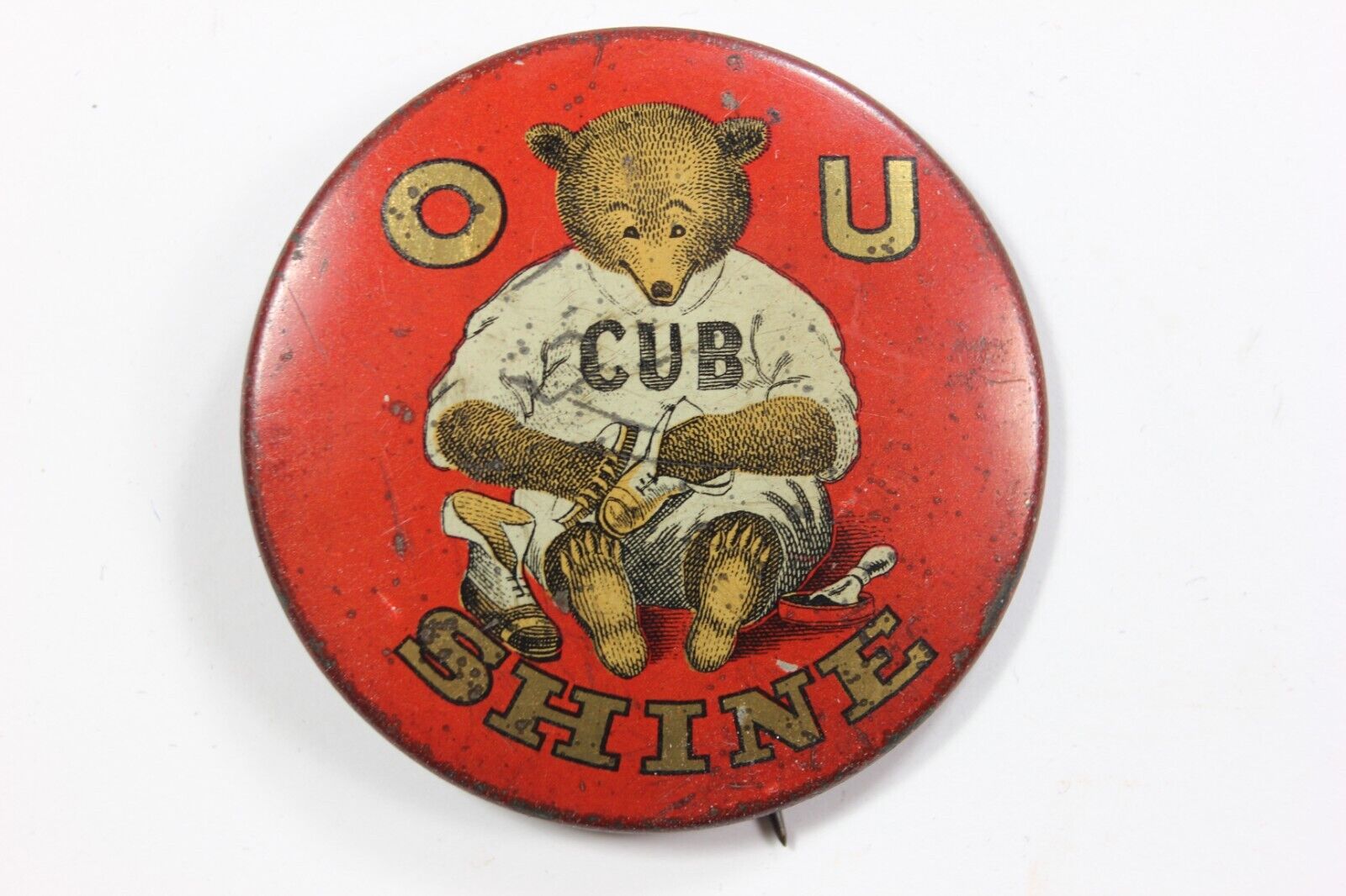 Antique CUB O U SHINE Shoe Polish Advertising Pin Back Button