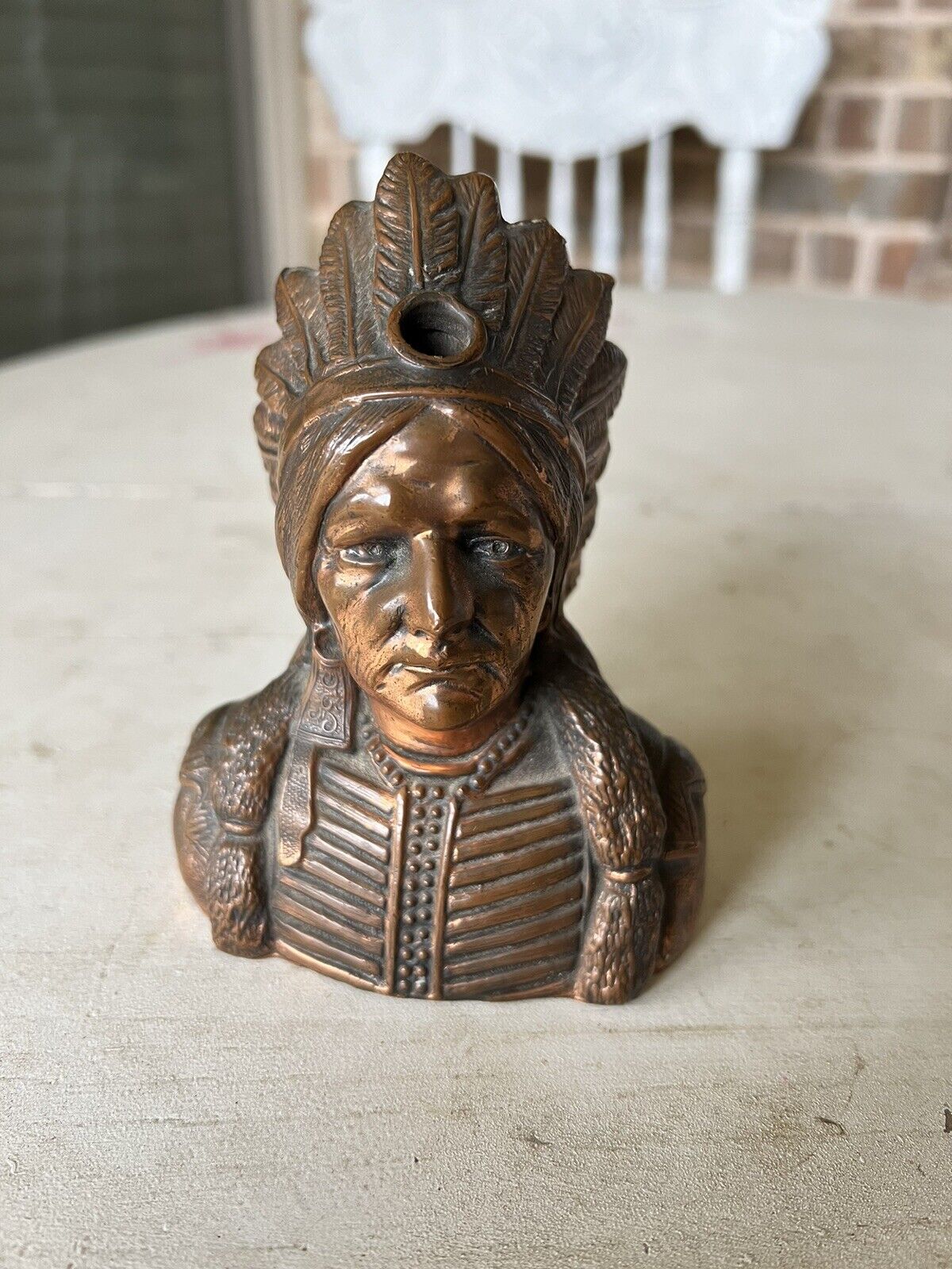 Vintage Ronson Bronze Indian Head Headdress Chief Tabletop Striker Lighter  JG5A