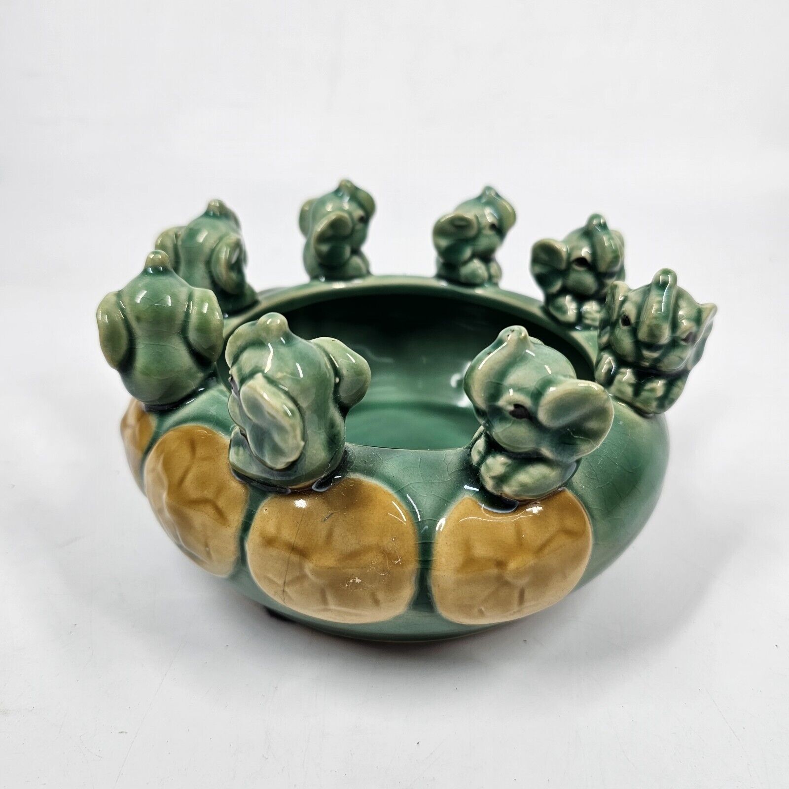 Vintage 8 elephant trunk up ceramic shallow round planter vase bowl green glaze 