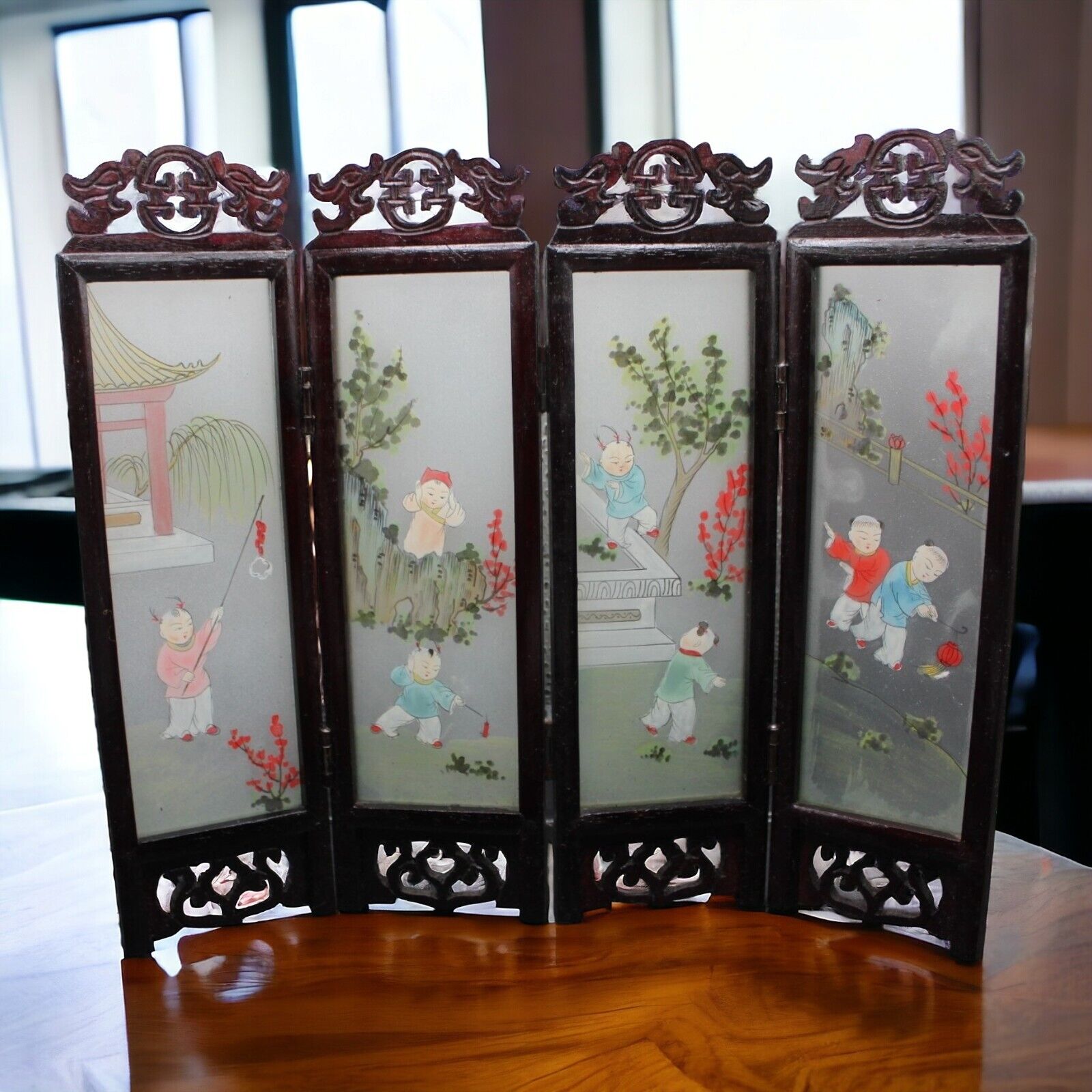 Chinese 4 Panel Table Top Screen Handpainted Watercolor On Glass Wooden Frame
