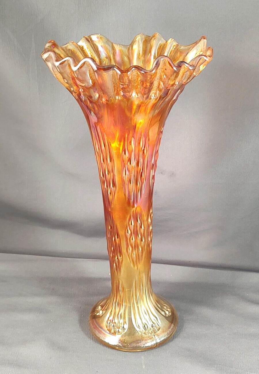 Vintage Antique Fenton Carnival Glass Knotted Beads Vase Crimped Marigold 10\