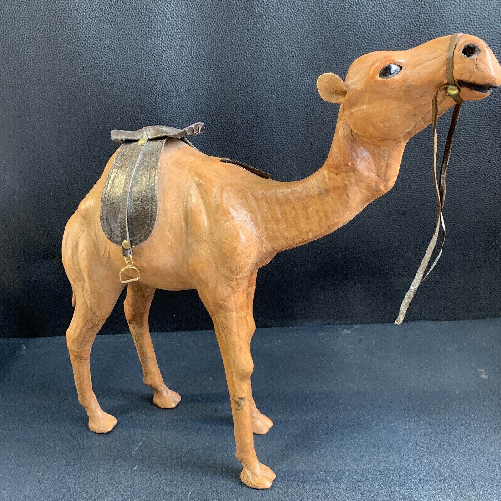 Leather Camel Statue Figure 14” Hand Made, Glass Eyes, Molded Leather & Saddle
