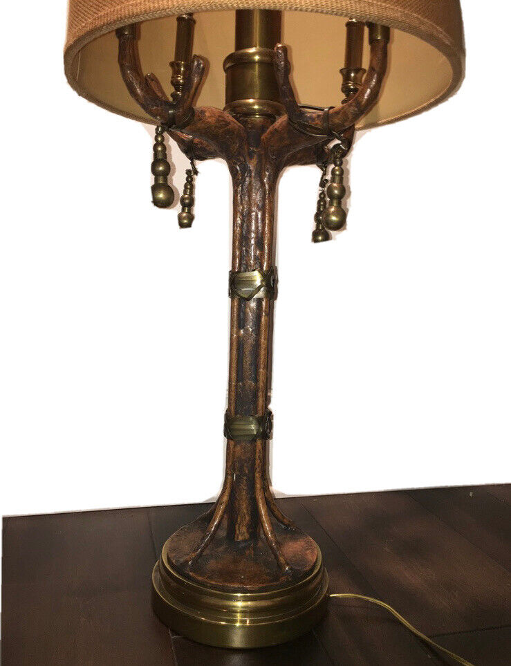 Hart Associates Leather Brass Hollywood Regency Antlers Cabin Lamp