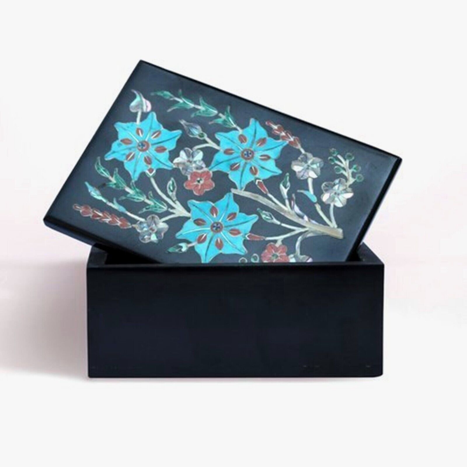 Rectangle Marble Jewelry Box Inlaid with Turquoise Gemstone Home Accessories Box