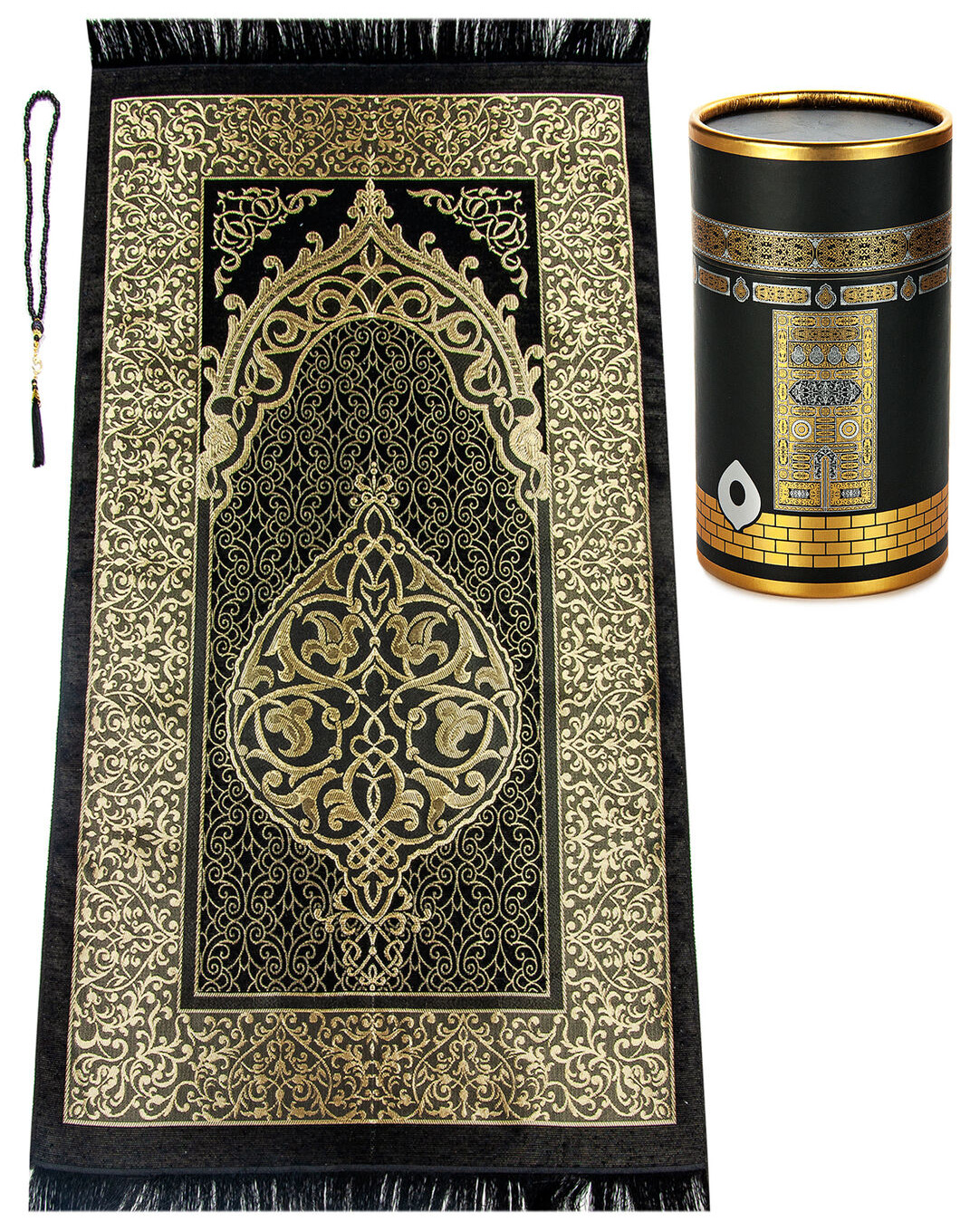 Muslim Prayer Rug and Prayer Beads with Elegant Kaaba Design Cylinder Gift Box