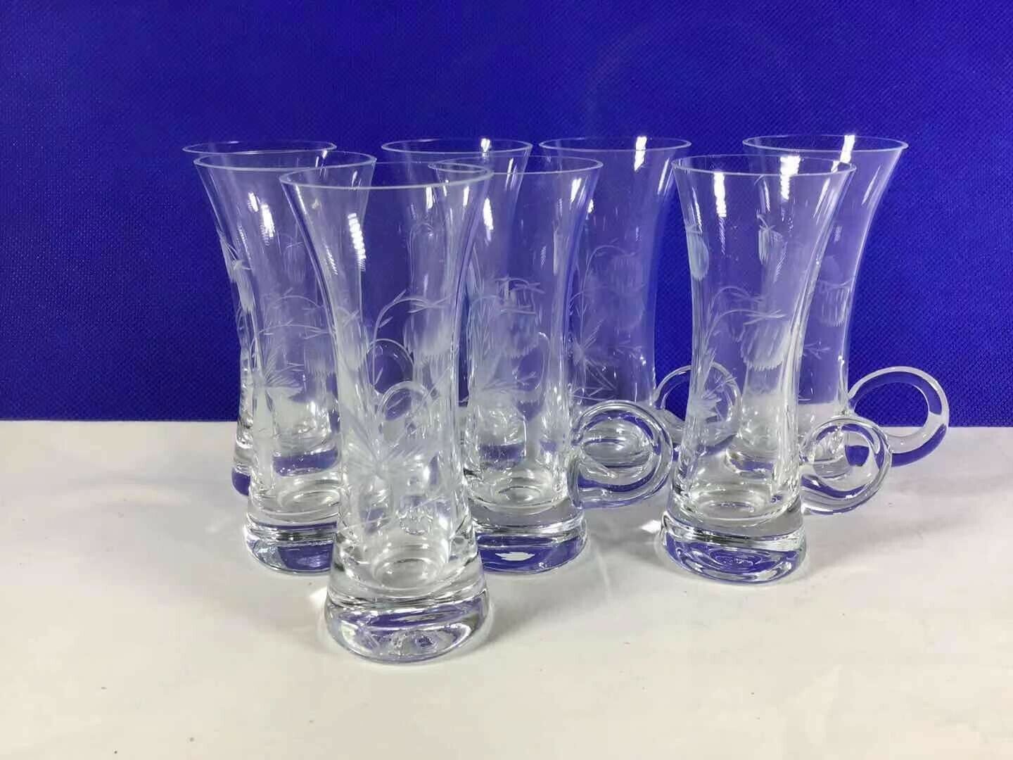 8 Sets Vintage Royal Moselle Crystal Fluted Floral Pattern Shot Glass W/ Handle