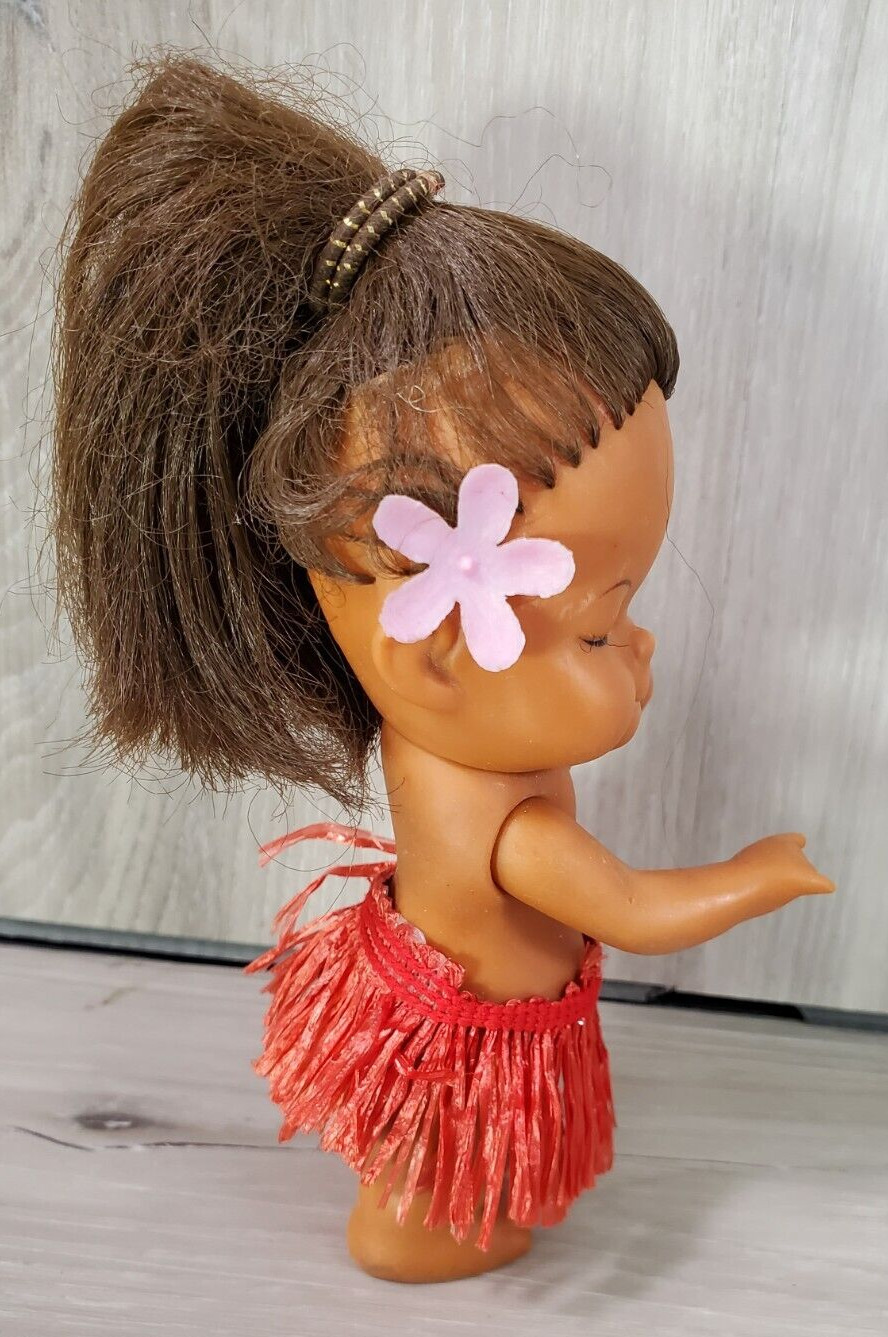 Vintage Hawaiian Hula Girl Doll Aloha 5” Doll Rubber with Flower and Grass Skirt