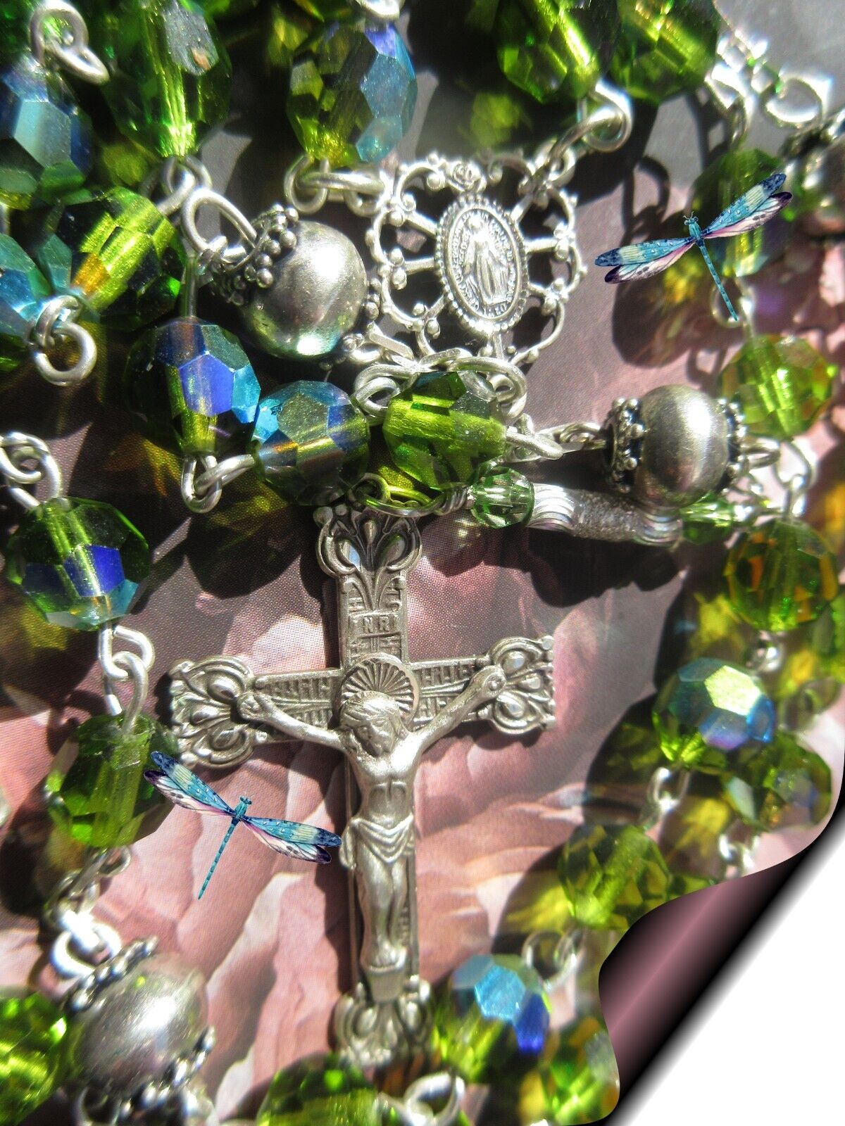 Handmade Rosary Swarovski Vintage Rare Green Turmaline AB Beads 925 SS  Blest