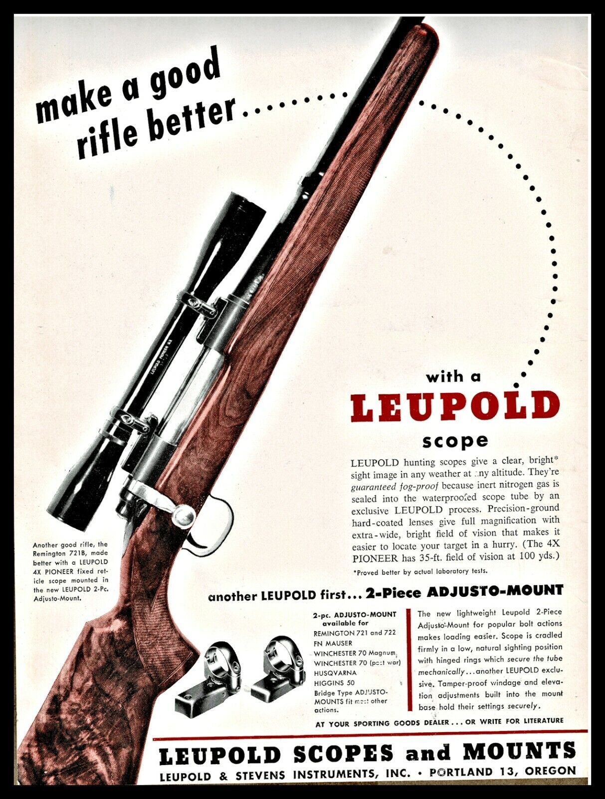 1953 LEUPOLD Rifle Scope shown on REMINGTON 721B Rifle PRINT AD