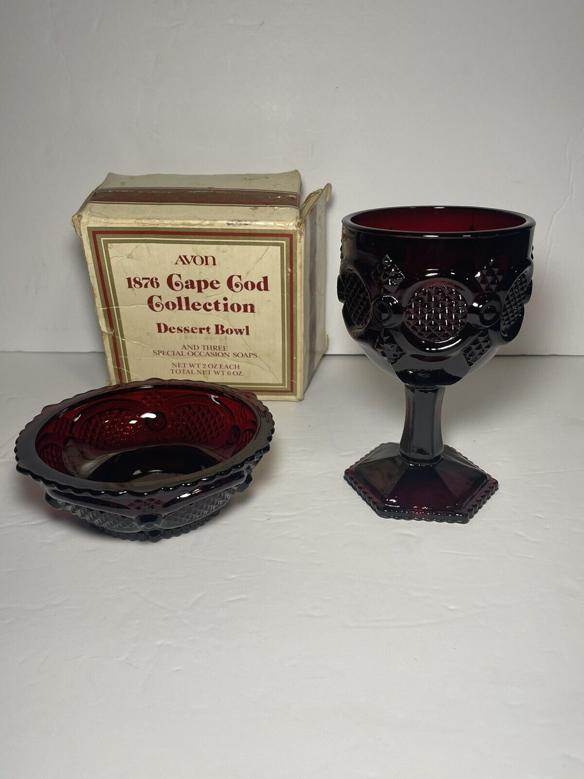 Vintage Avon 1876 Cape Cod Ruby Red Dessert Bowl and Wine Goblet - 1980\'s