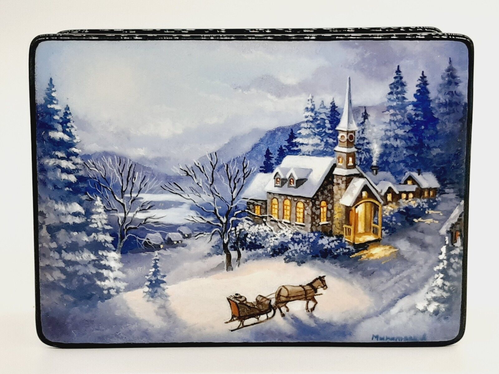 Ukrainian lacquer miniature box “Christmas time in town” Hand made in Ukraine 