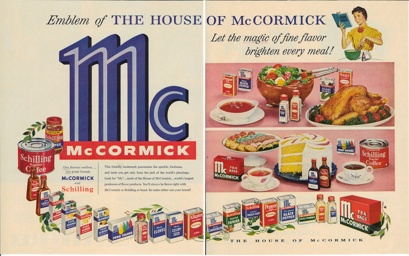 1955 McCORMICK Spices Coffee Flavors Jars Cans Bottles 2 Page Vintage Print Ad