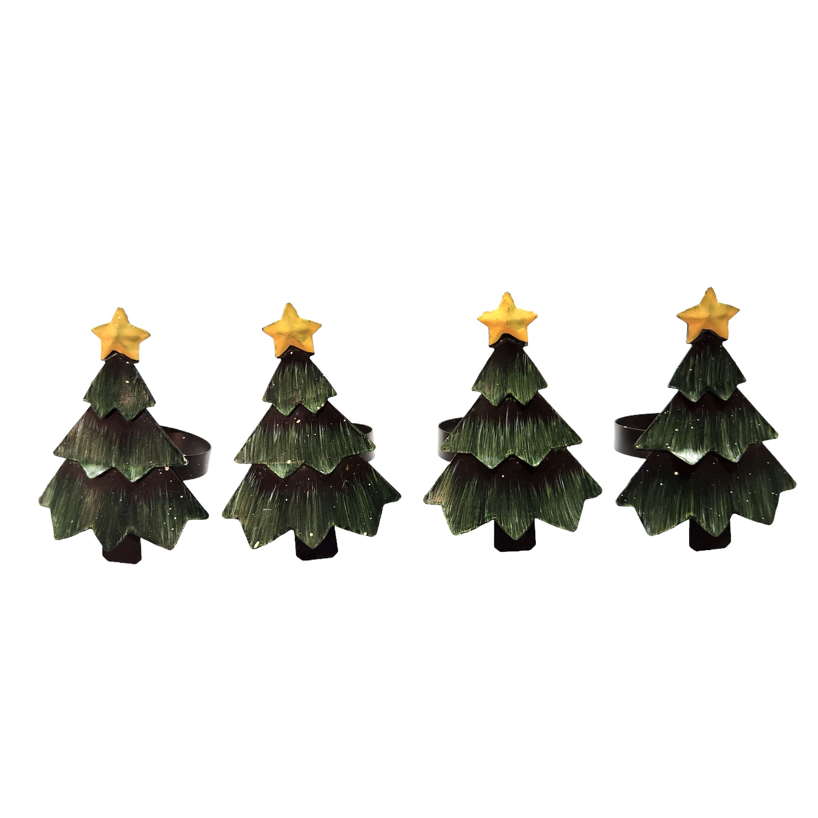 New Set of 4 Green with Snow Accents Metal Christmas Tree Napkin Rings Holders