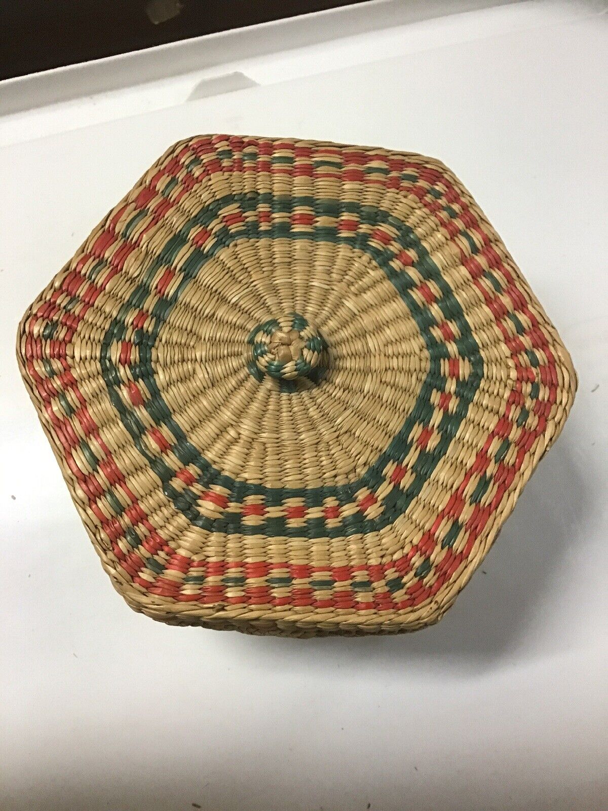 Vintage Hexagon Lidded Basket W/Red Tight Weaved 
