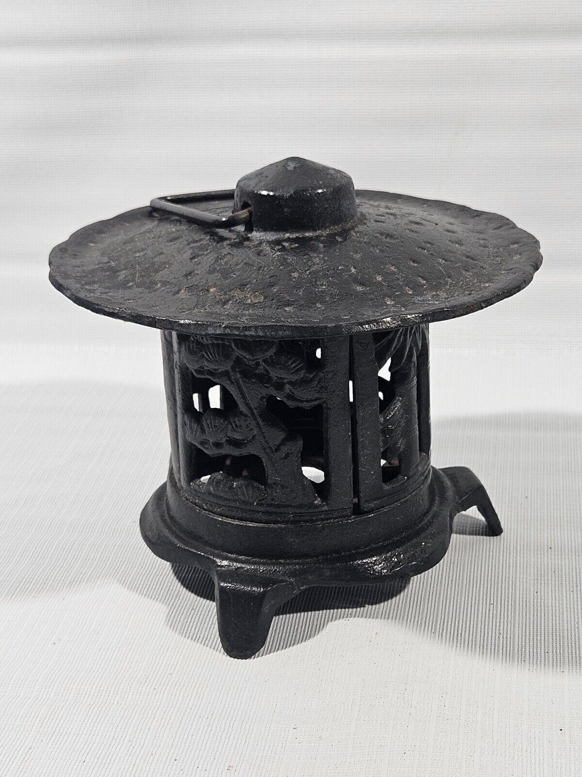 Vintage Cast Iron Pagoda Asian Garden Hanging Lantern Candle Holder Bird Bamboo