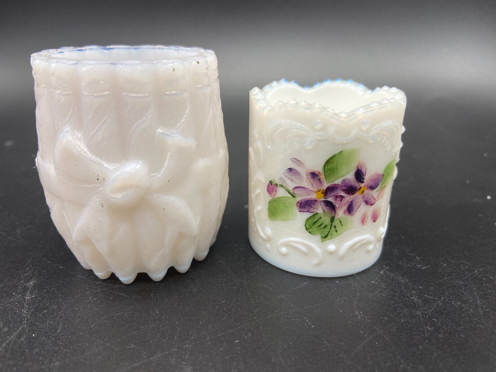 2 milk Glass Match or Toothpick Holder  Banded Cigar & Painted Signed Floral