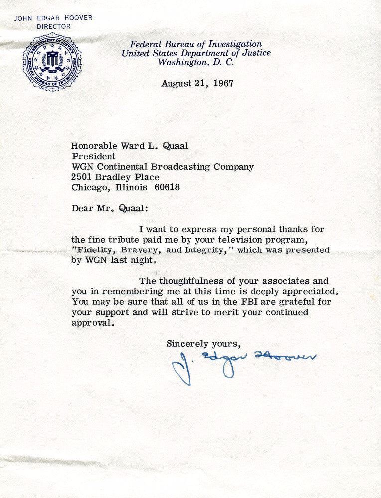 Original Signature Letter J. Edgar Hoover FBI Director August 21, 19