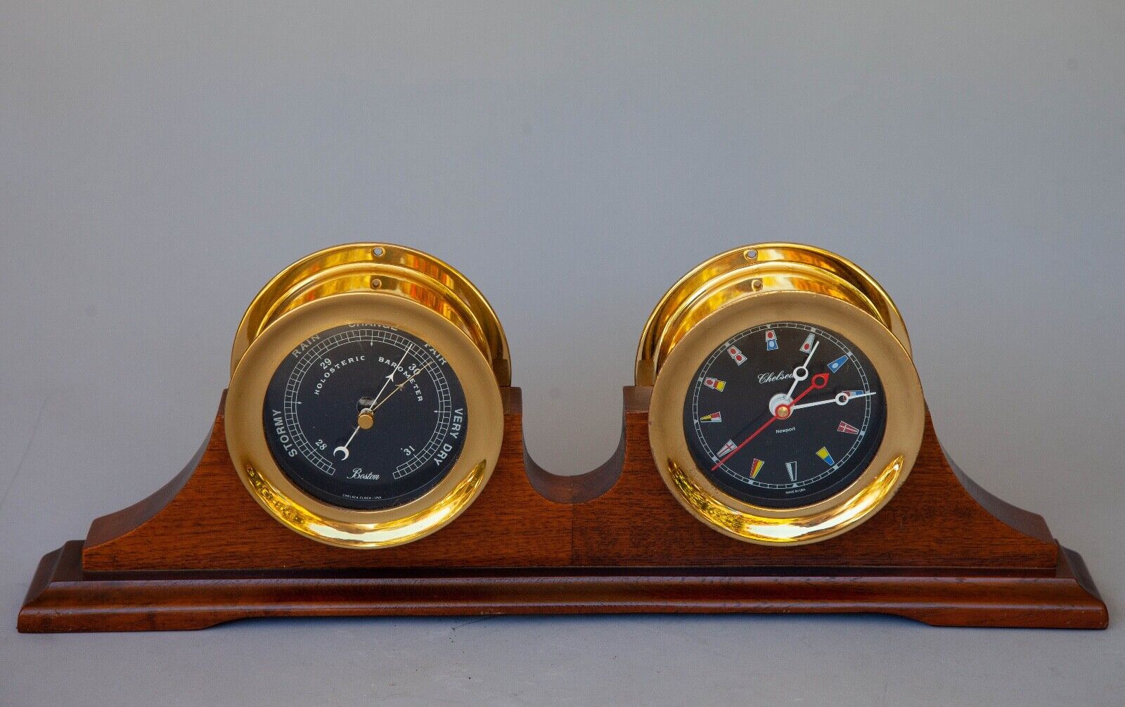 VINTAGE Chelsea Black Flag Clock and Barometer Set w/ wood base stand VGC