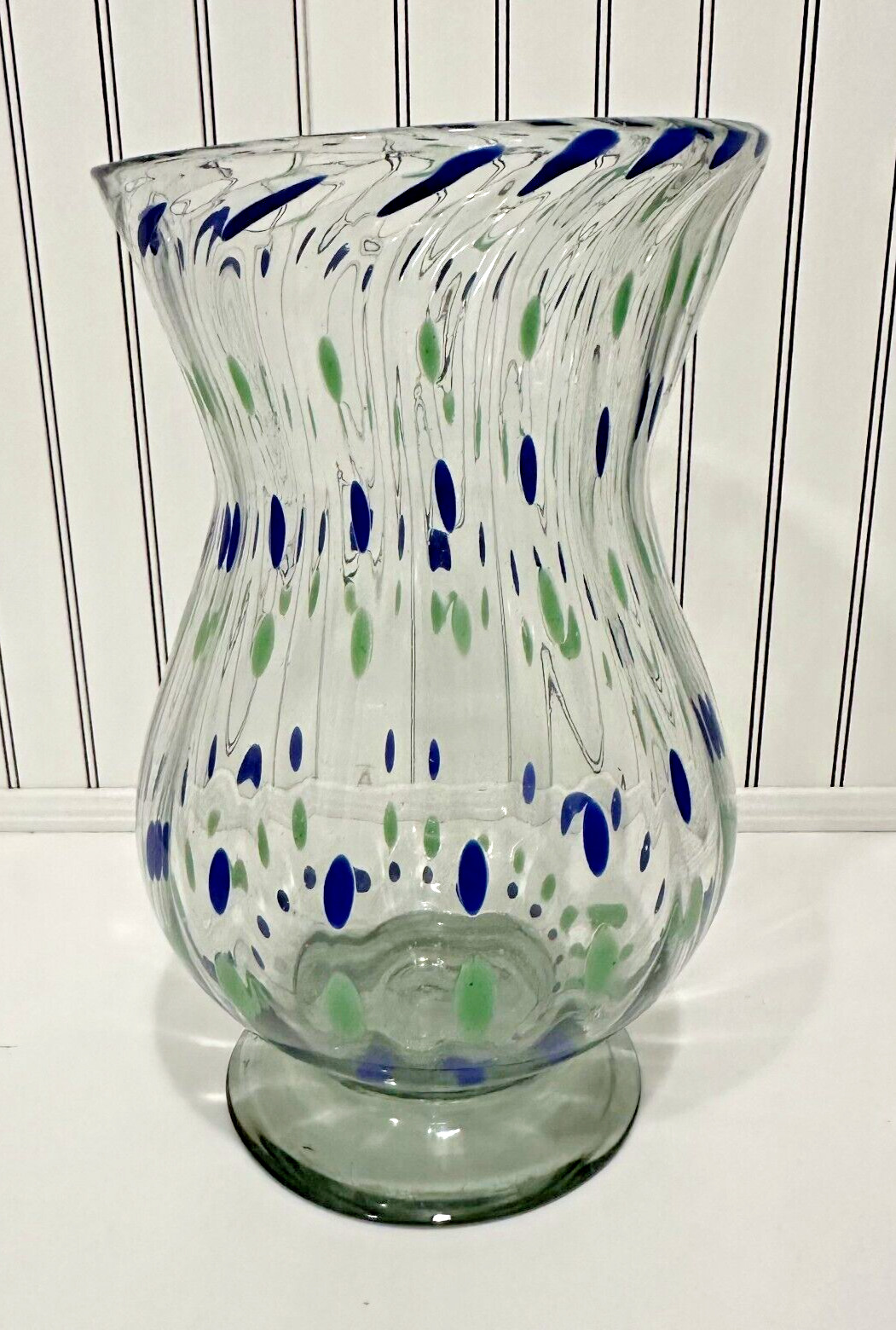 Vintage Blue & Green Polka Dots Home Decorative Hand Blown Swirl Glass Vase