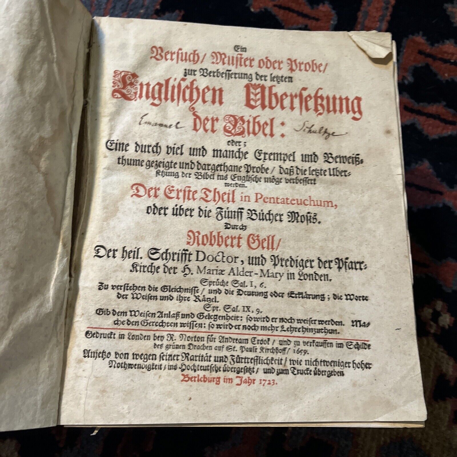 ANTIQUE 1723 GERMAN HOLY BIBLE MARIA ALDER-MARY IN LONDON JESUS BOOK RARE VTG