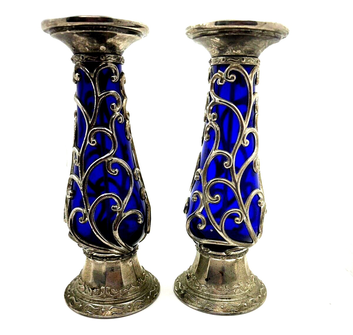 Vintage Cobalt Blue Glass & Silver Pillar Candle holders Set Ornament set of 2