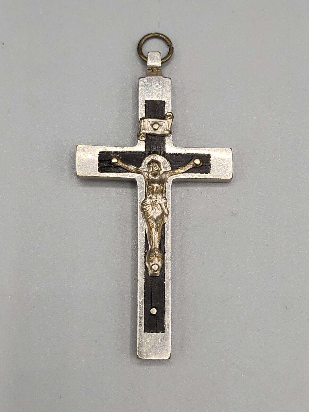 Vintage Crucifix INRI Jesus Christ  Pectoral  Cross Ebony Inlaid Wood Germany 