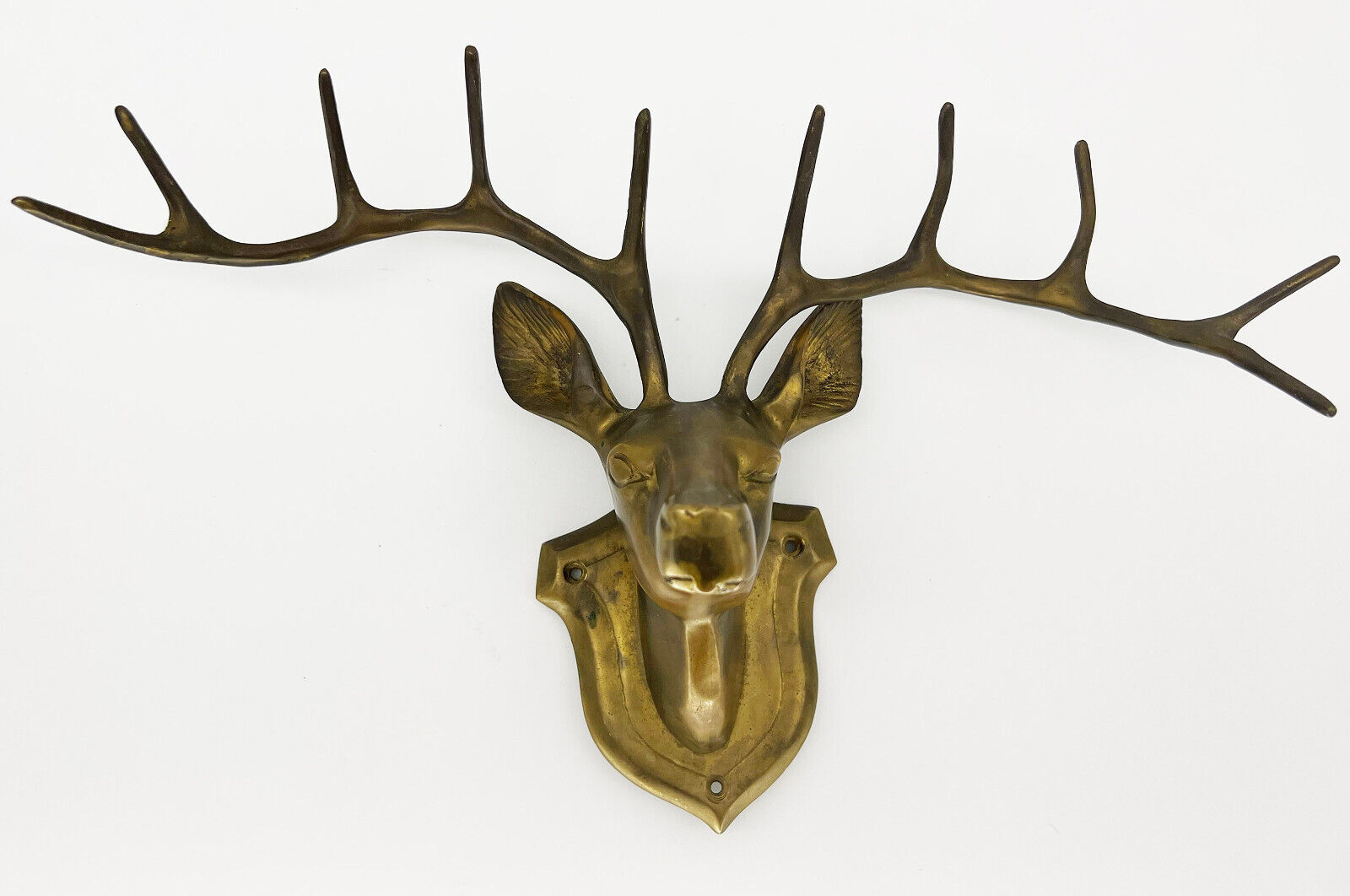 VTG. Cast Antique Brass Decorative Deer Head Wall Mount Stag Trophy Antler Rack