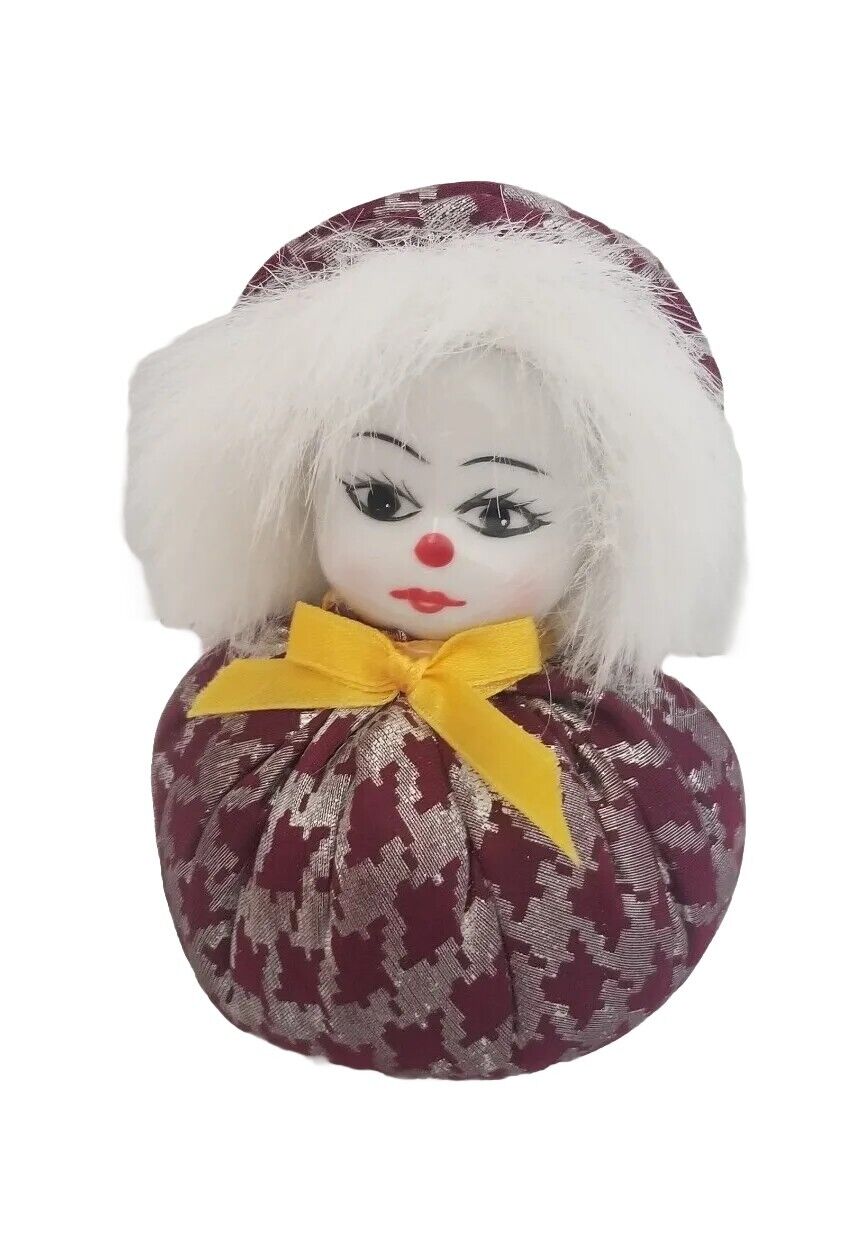 Vintage Clown Pincushion Doll Sand Bag Body Porcelain Head 