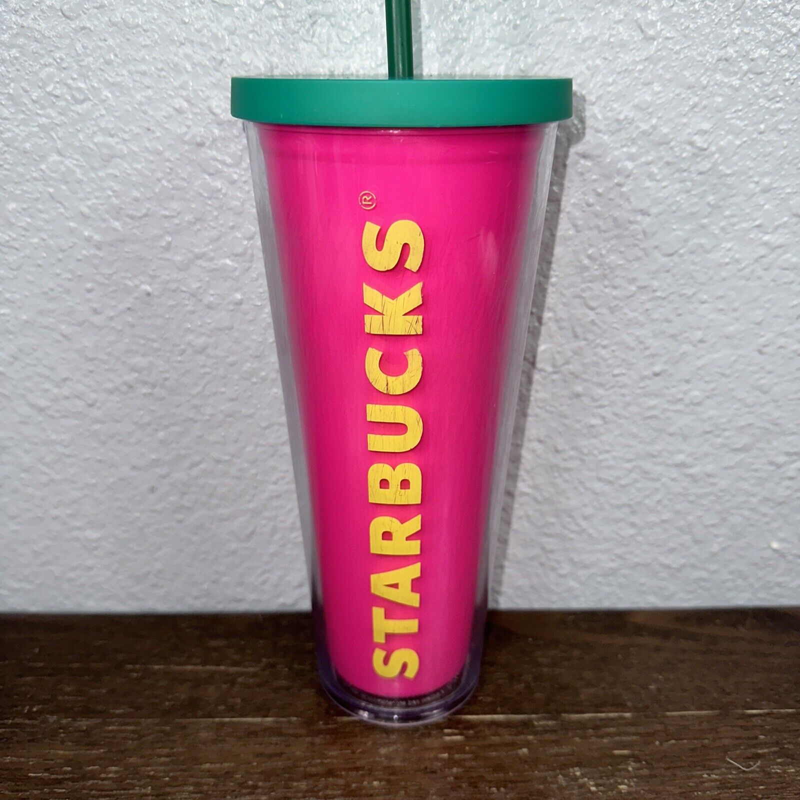 2014 Starbucks Hot Pink Acrylic Double Wall Tumbler Turquoise Lid With Straw