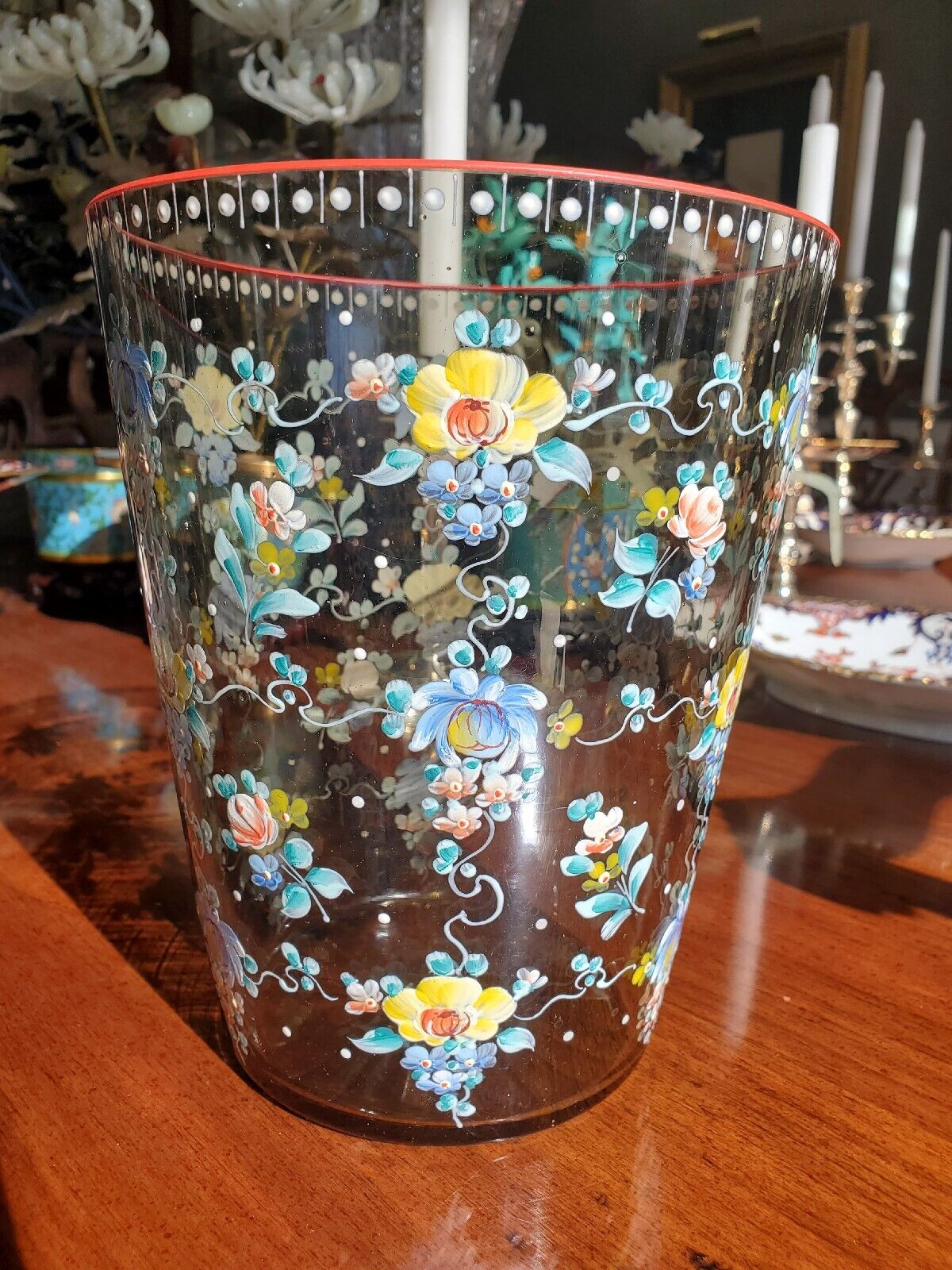 Large Moser Crystal Vase Bohemian Enameled Flowers Smoke Topaz Cut Glass Pontil