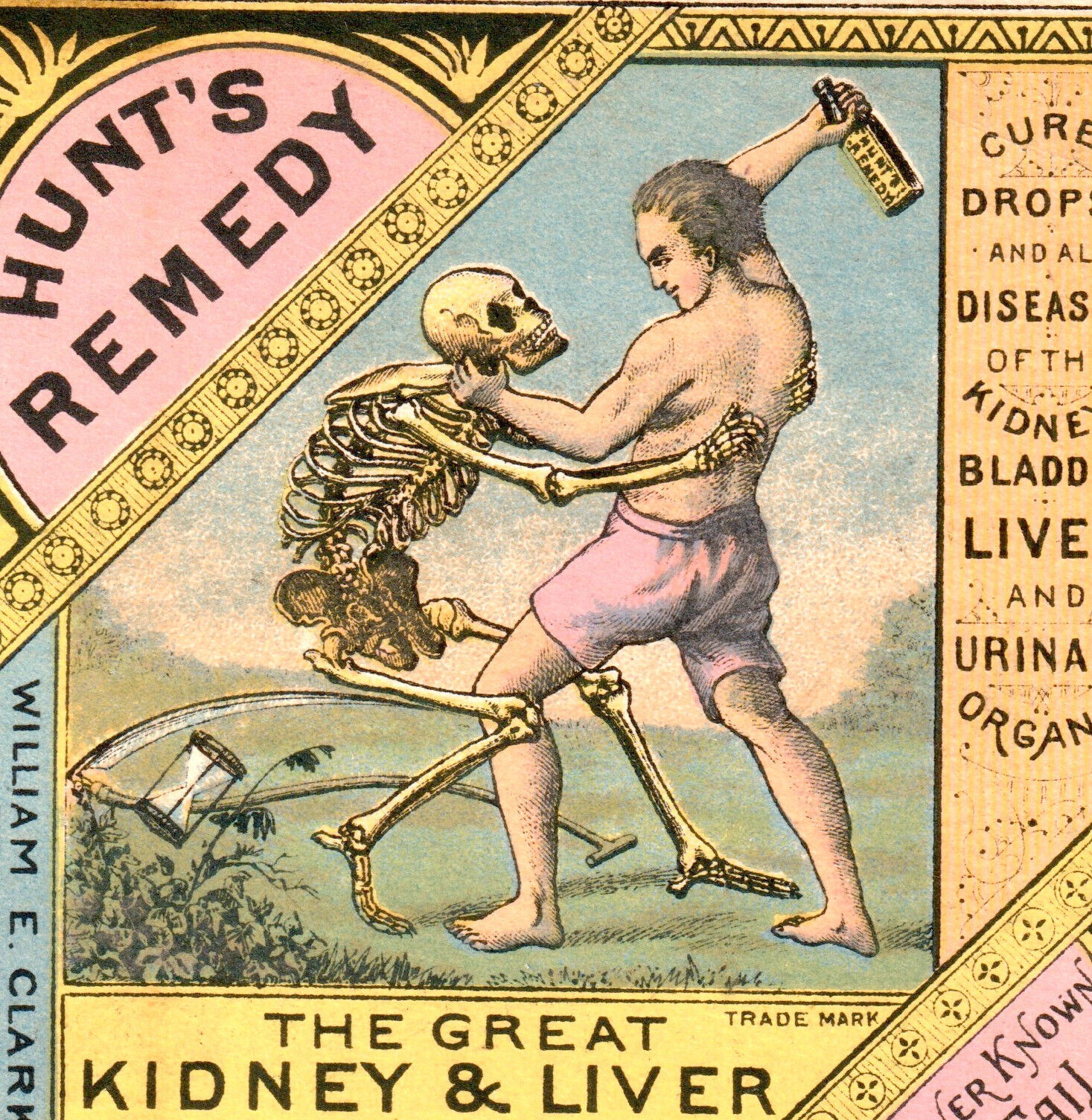 ca. 1880's Skeleton Grim Reaper Death Beaten by Hunts Remedy Bottle Trade Card