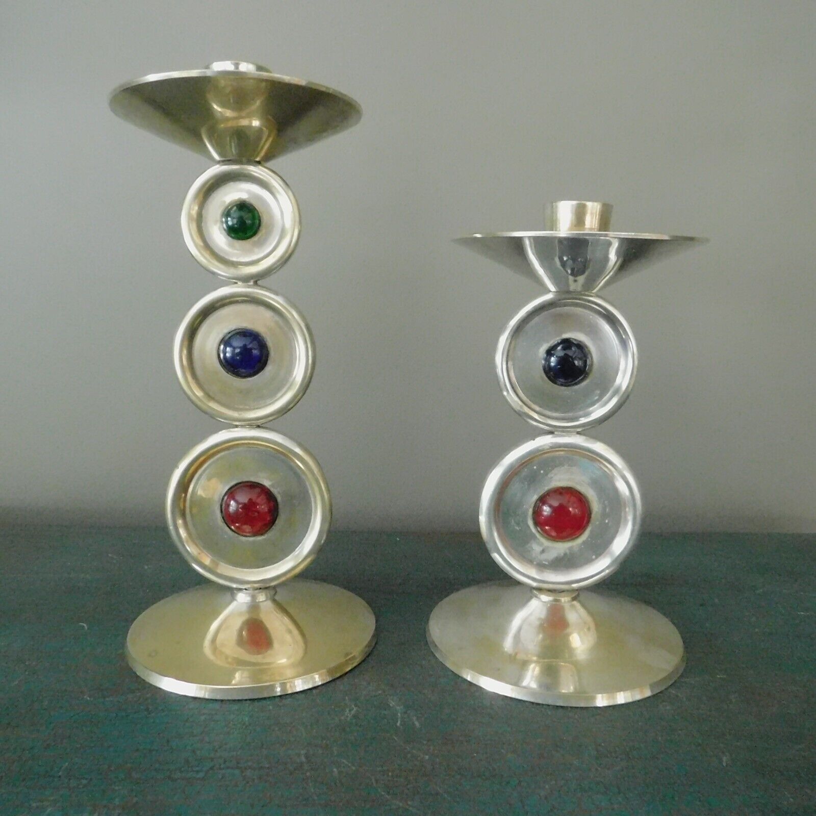 VTG. / MCM  PAIR of  MODERN 1940\'s SILVERPLATED CANDLEHOLDERS with CABOCHONS