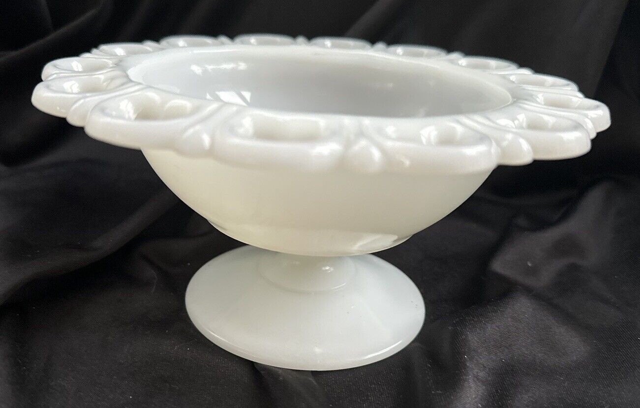 Vintage Anchor Hocking Milk Glass Pedestal Compote with Laced Edge