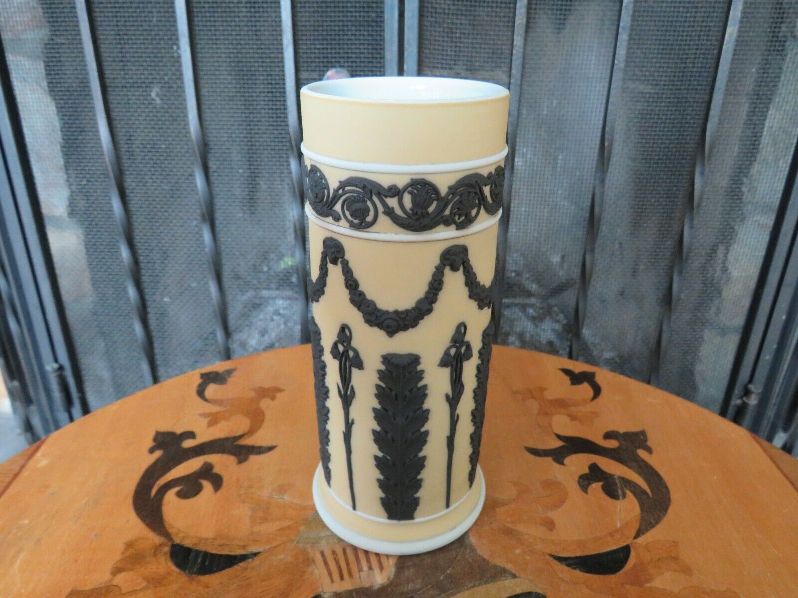 Wedgwood Tri-color Yellow Black Jasperware Spill Vase Acanthus Ram Heads c.1920s